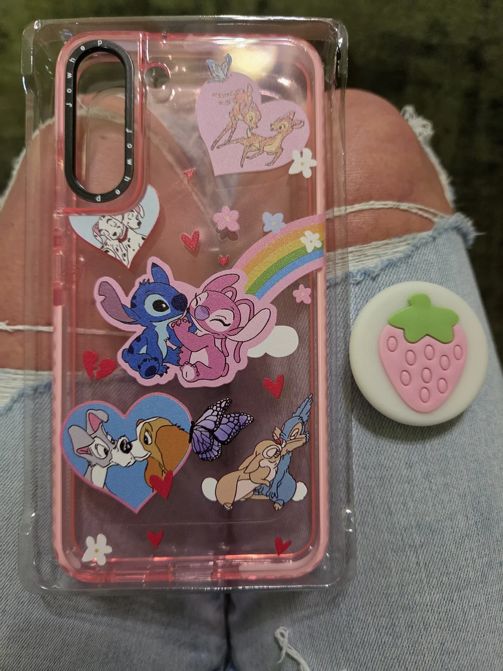 S22 Plus Cute Pink Cartoon Sticker Phone Case with Rainbow and Hearts